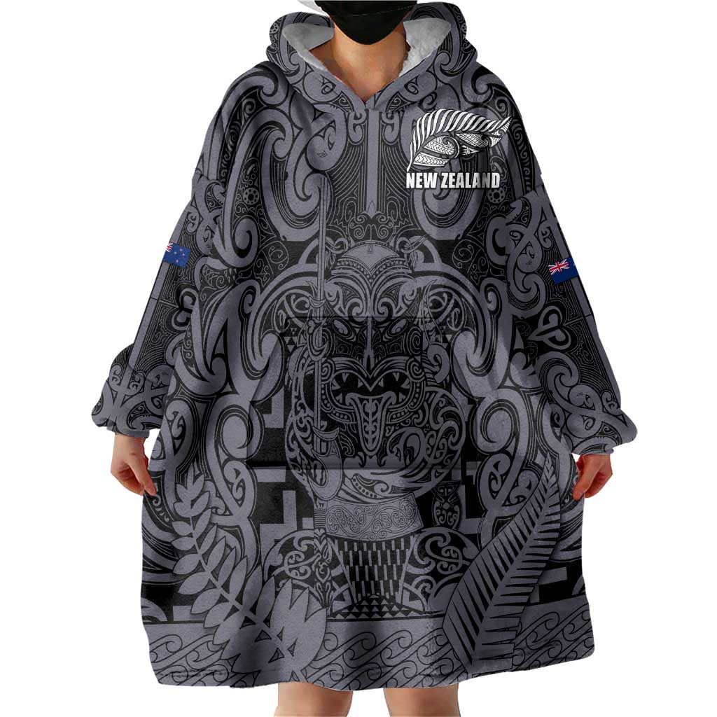 Custom New Zealand Taiaha Maori Wearable Blanket Hoodie Minimalist Silver Fern All Black - Aussie Hoodie