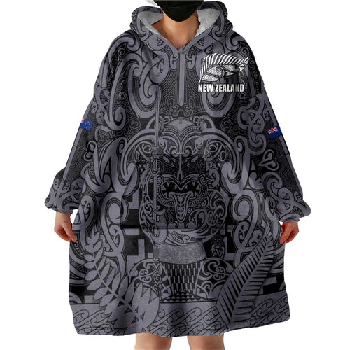 Custom New Zealand Taiaha Maori Wearable Blanket Hoodie Minimalist Silver Fern All Black - Aussie Hoodie