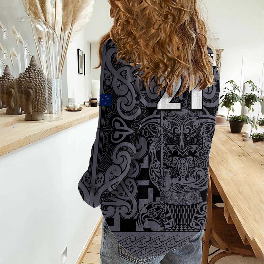 Custom New Zealand Taiaha Maori Women Casual Shirt Minimalist Silver Fern All Black - Aussie Hoodie