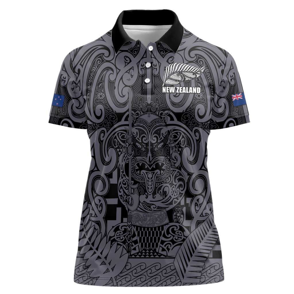 Custom New Zealand Taiaha Maori Women Polo Shirt Minimalist Silver Fern All Black - Aussie Hoodie