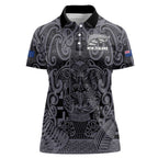 Custom New Zealand Taiaha Maori Women Polo Shirt Minimalist Silver Fern All Black - Aussie Hoodie