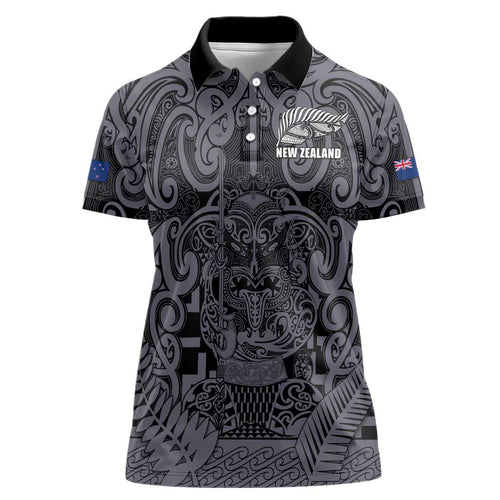 Custom New Zealand Taiaha Maori Women Polo Shirt Minimalist Silver Fern All Black - Aussie Hoodie