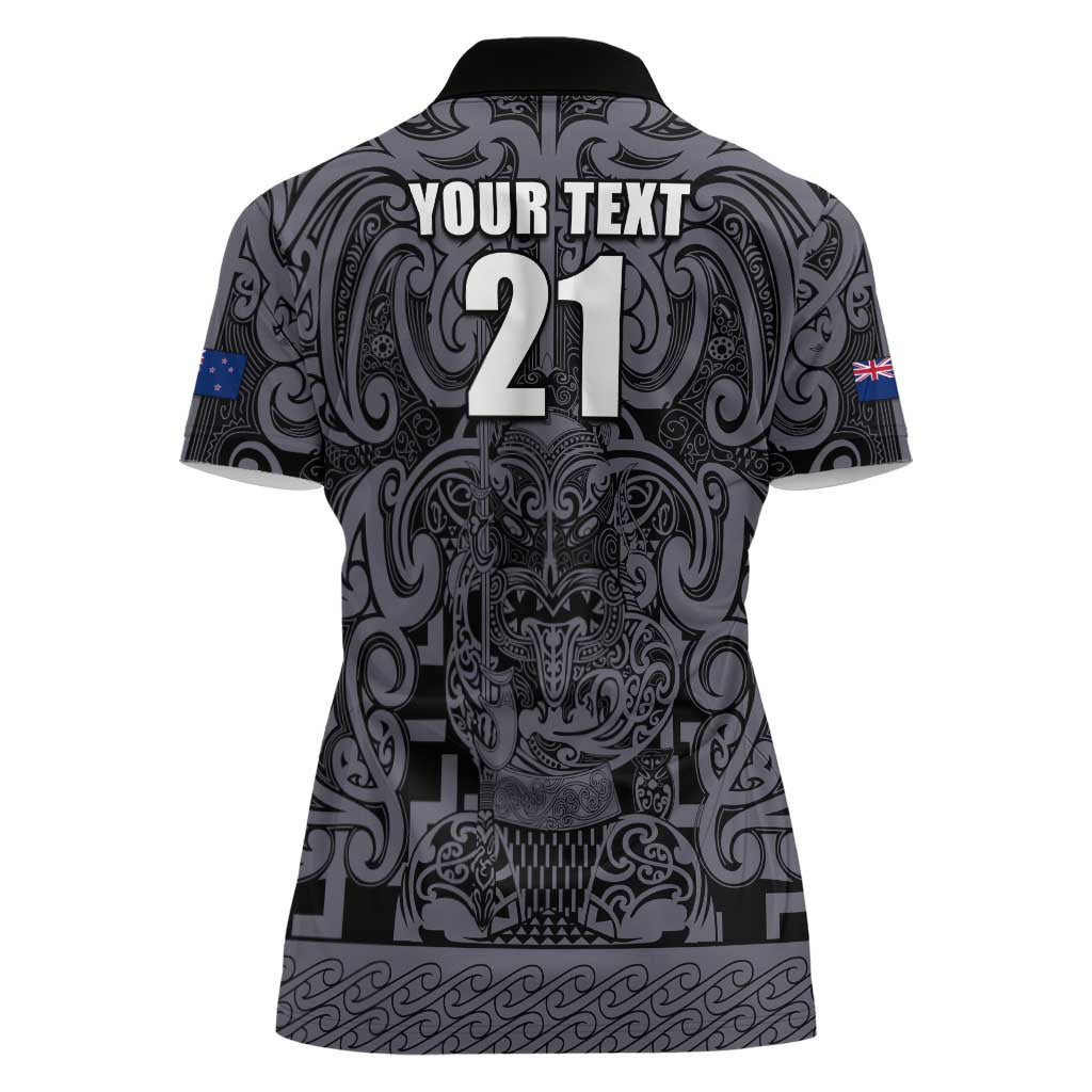 Custom New Zealand Taiaha Maori Women Polo Shirt Minimalist Silver Fern All Black - Aussie Hoodie