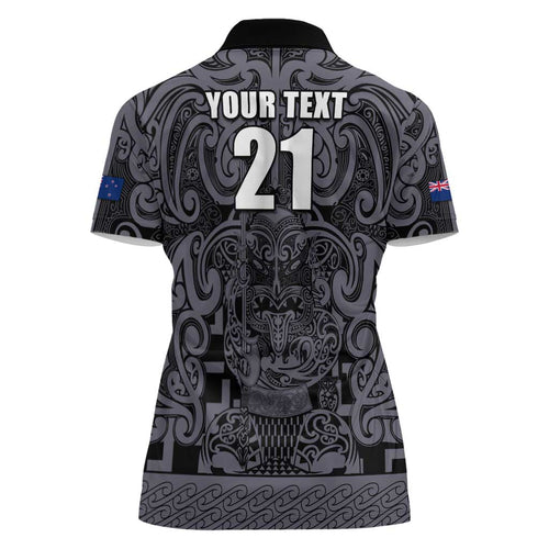 Custom New Zealand Taiaha Maori Women Polo Shirt Minimalist Silver Fern All Black - Aussie Hoodie