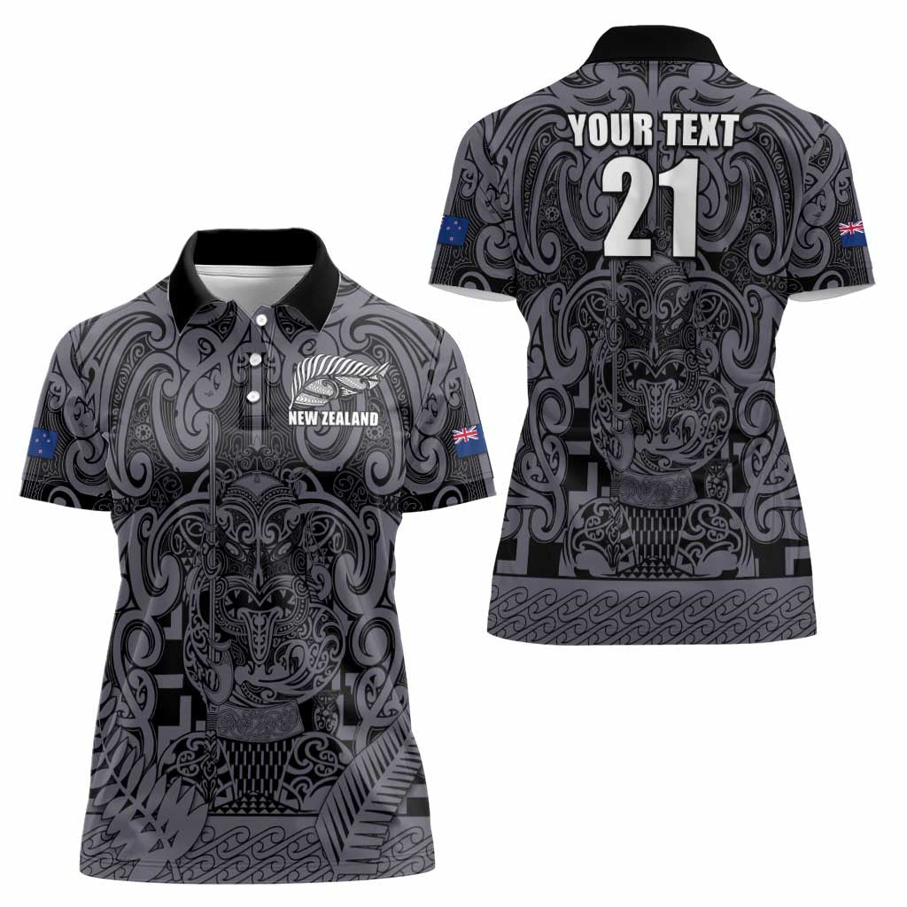 Custom New Zealand Taiaha Maori Women Polo Shirt Minimalist Silver Fern All Black - Aussie Hoodie