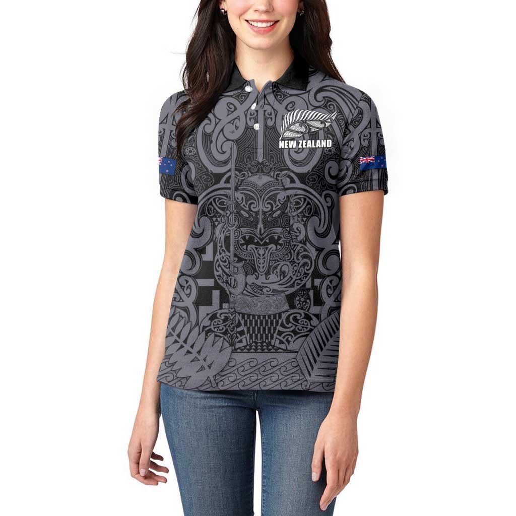 Custom New Zealand Taiaha Maori Women Polo Shirt Minimalist Silver Fern All Black - Aussie Hoodie