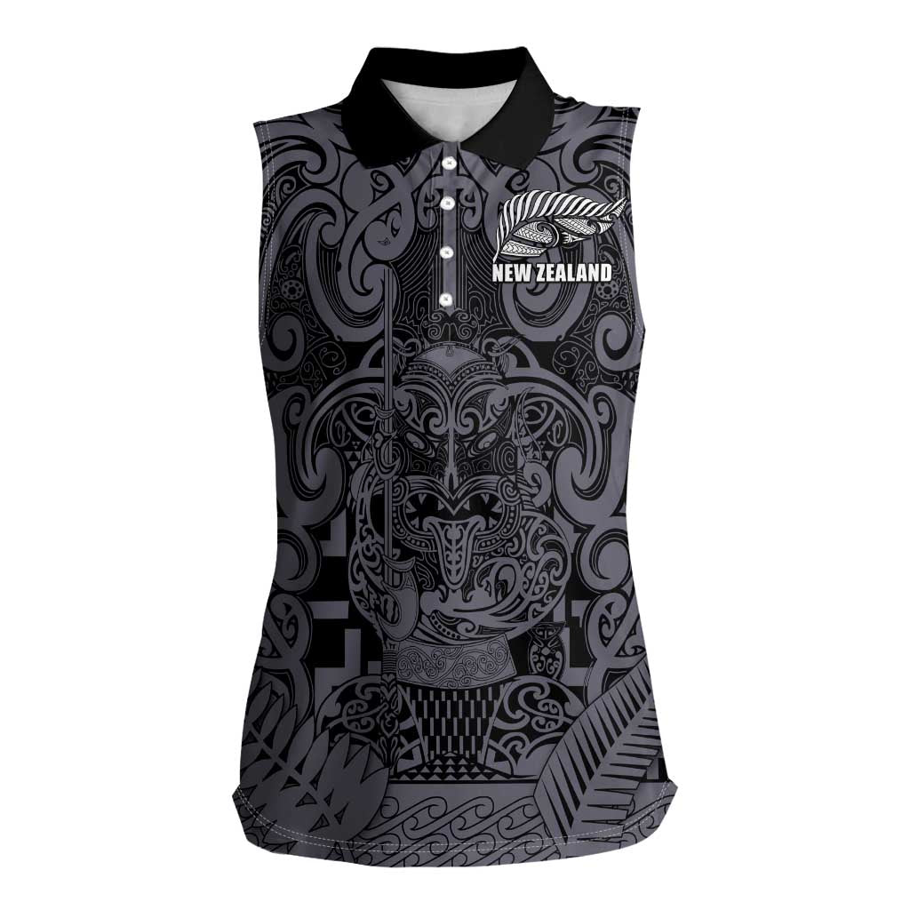 Custom New Zealand Taiaha Maori Women Sleeveless Polo Shirt Minimalist Silver Fern All Black - Aussie Hoodie