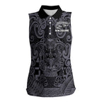 Custom New Zealand Taiaha Maori Women Sleeveless Polo Shirt Minimalist Silver Fern All Black - Aussie Hoodie