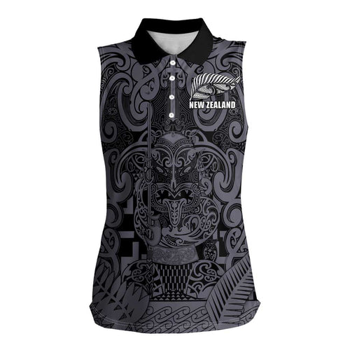 Custom New Zealand Taiaha Maori Women Sleeveless Polo Shirt Minimalist Silver Fern All Black - Aussie Hoodie