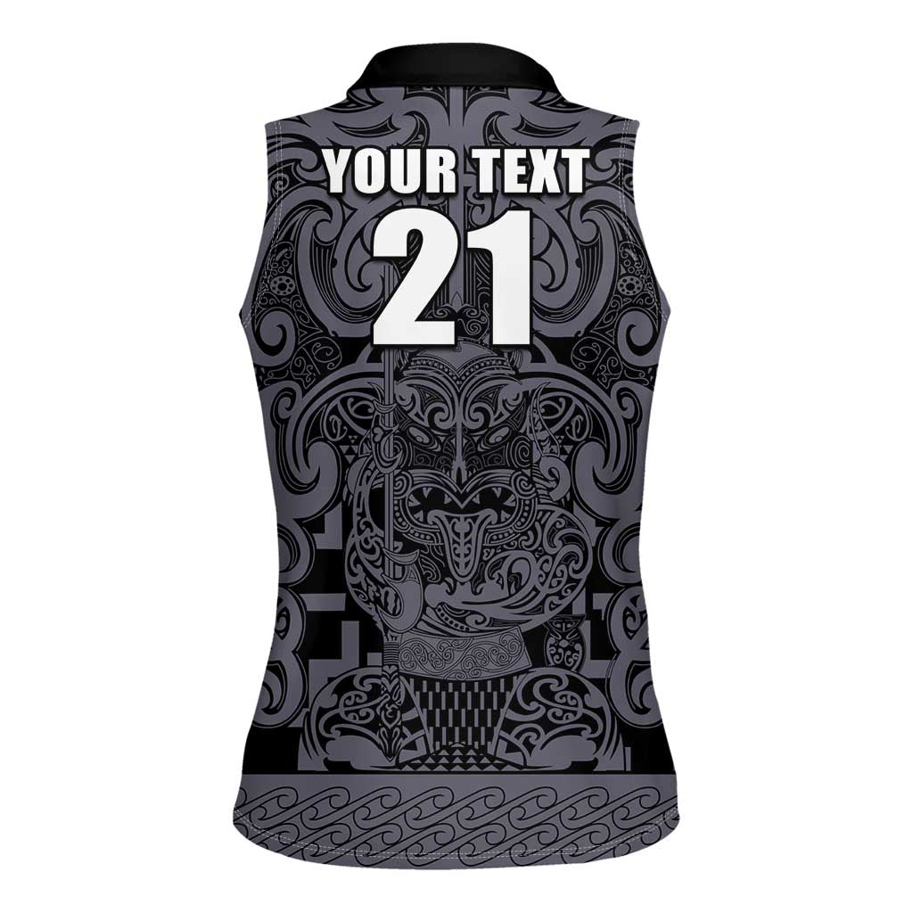 Custom New Zealand Taiaha Maori Women Sleeveless Polo Shirt Minimalist Silver Fern All Black - Aussie Hoodie