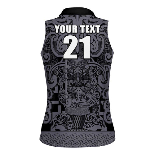 Custom New Zealand Taiaha Maori Women Sleeveless Polo Shirt Minimalist Silver Fern All Black - Aussie Hoodie