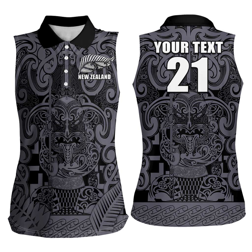 Custom New Zealand Taiaha Maori Women Sleeveless Polo Shirt Minimalist Silver Fern All Black - Aussie Hoodie