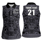 Custom New Zealand Taiaha Maori Women Sleeveless Polo Shirt Minimalist Silver Fern All Black - Aussie Hoodie