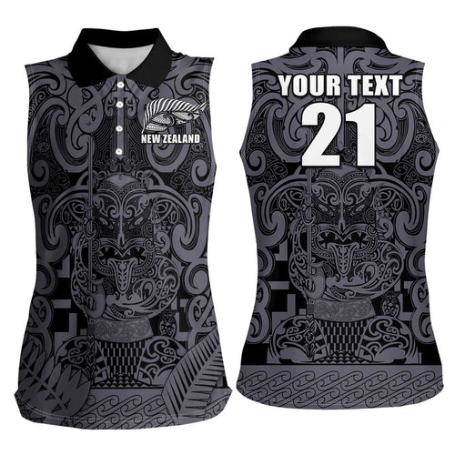 Custom New Zealand Taiaha Maori Women Sleeveless Polo Shirt Minimalist Silver Fern All Black - Aussie Hoodie