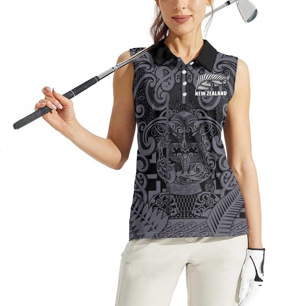 Custom New Zealand Taiaha Maori Women Sleeveless Polo Shirt Minimalist Silver Fern All Black - Aussie Hoodie