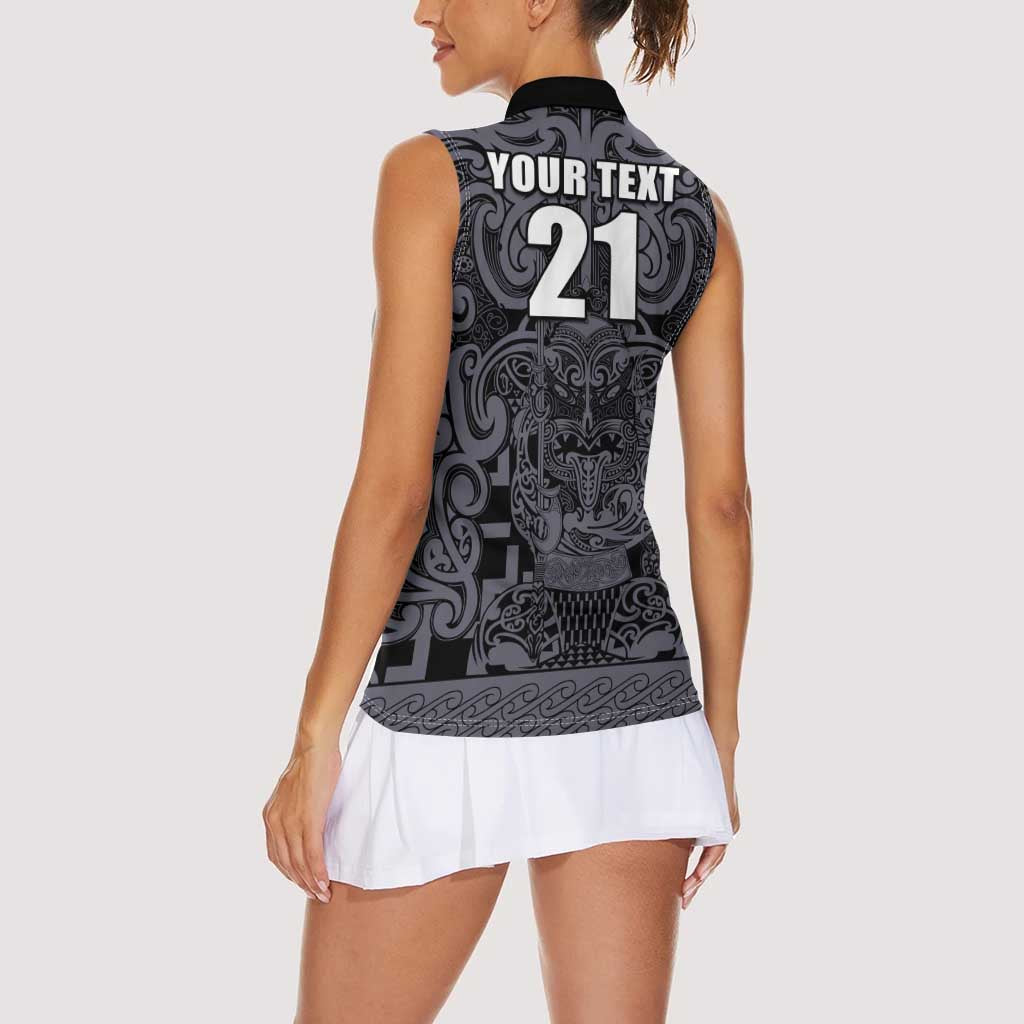 Custom New Zealand Taiaha Maori Women Sleeveless Polo Shirt Minimalist Silver Fern All Black - Aussie Hoodie