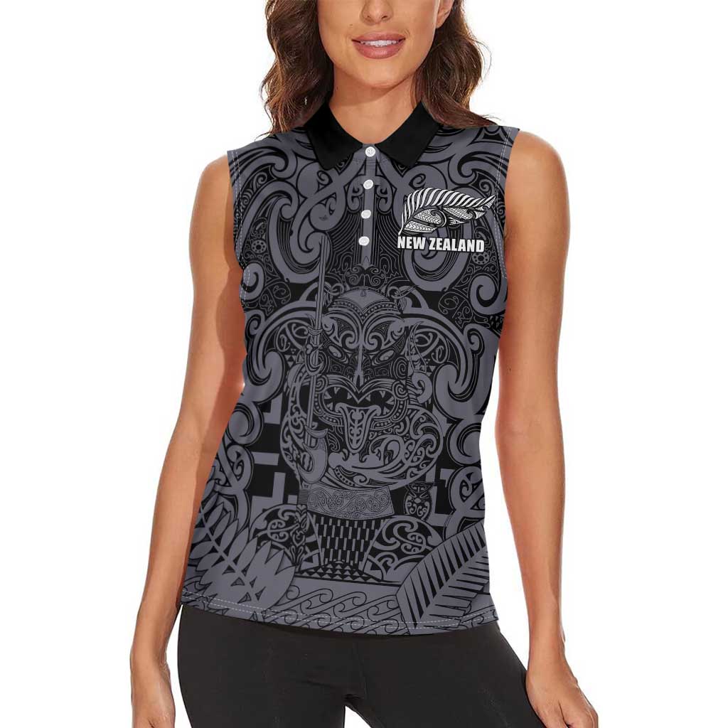 Custom New Zealand Taiaha Maori Women Sleeveless Polo Shirt Minimalist Silver Fern All Black - Aussie Hoodie