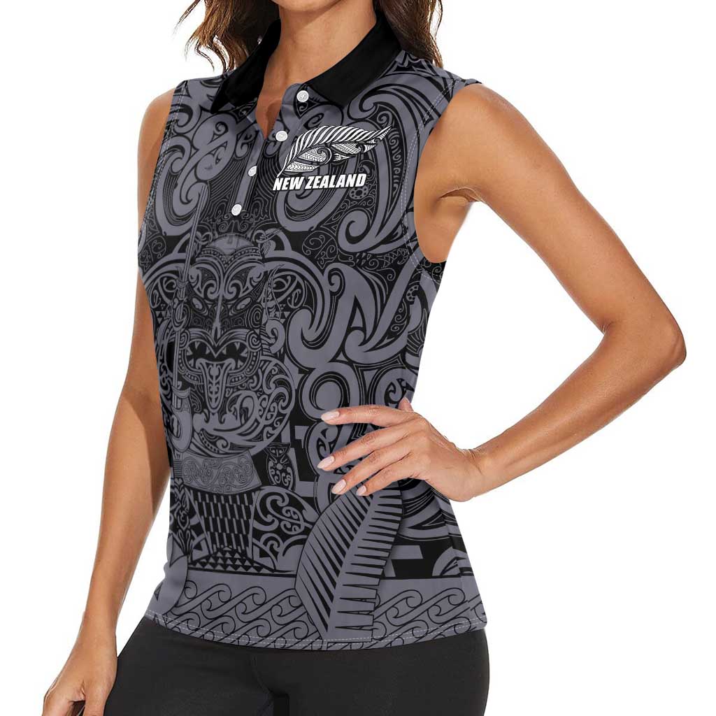 Custom New Zealand Taiaha Maori Women Sleeveless Polo Shirt Minimalist Silver Fern All Black - Aussie Hoodie