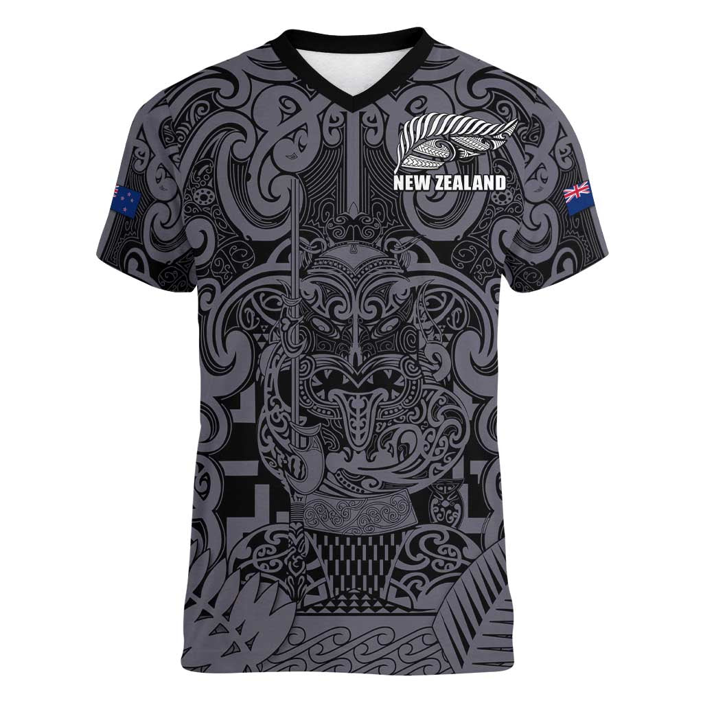 Custom New Zealand Taiaha Maori Women V-Neck T-Shirt Minimalist Silver Fern All Black - Aussie Hoodie
