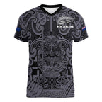 Custom New Zealand Taiaha Maori Women V-Neck T-Shirt Minimalist Silver Fern All Black - Aussie Hoodie