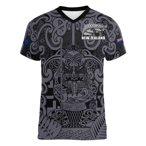 Custom New Zealand Taiaha Maori Women V-Neck T-Shirt Minimalist Silver Fern All Black - Aussie Hoodie