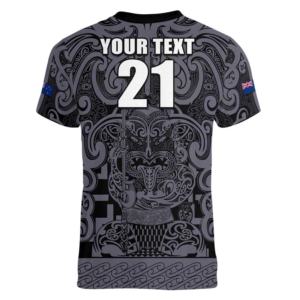 Custom New Zealand Taiaha Maori Women V-Neck T-Shirt Minimalist Silver Fern All Black - Aussie Hoodie