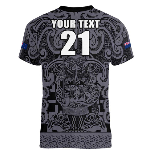 Custom New Zealand Taiaha Maori Women V-Neck T-Shirt Minimalist Silver Fern All Black - Aussie Hoodie