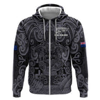 Custom New Zealand Taiaha Maori Zip Hoodie Minimalist Silver Fern All Black - Aussie Hoodie