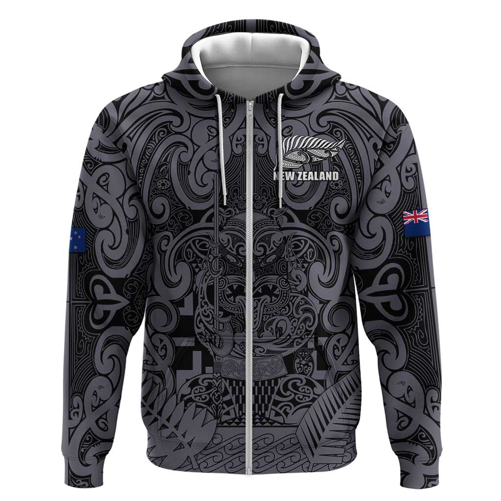 Custom New Zealand Taiaha Maori Zip Hoodie Minimalist Silver Fern All Black - Aussie Hoodie