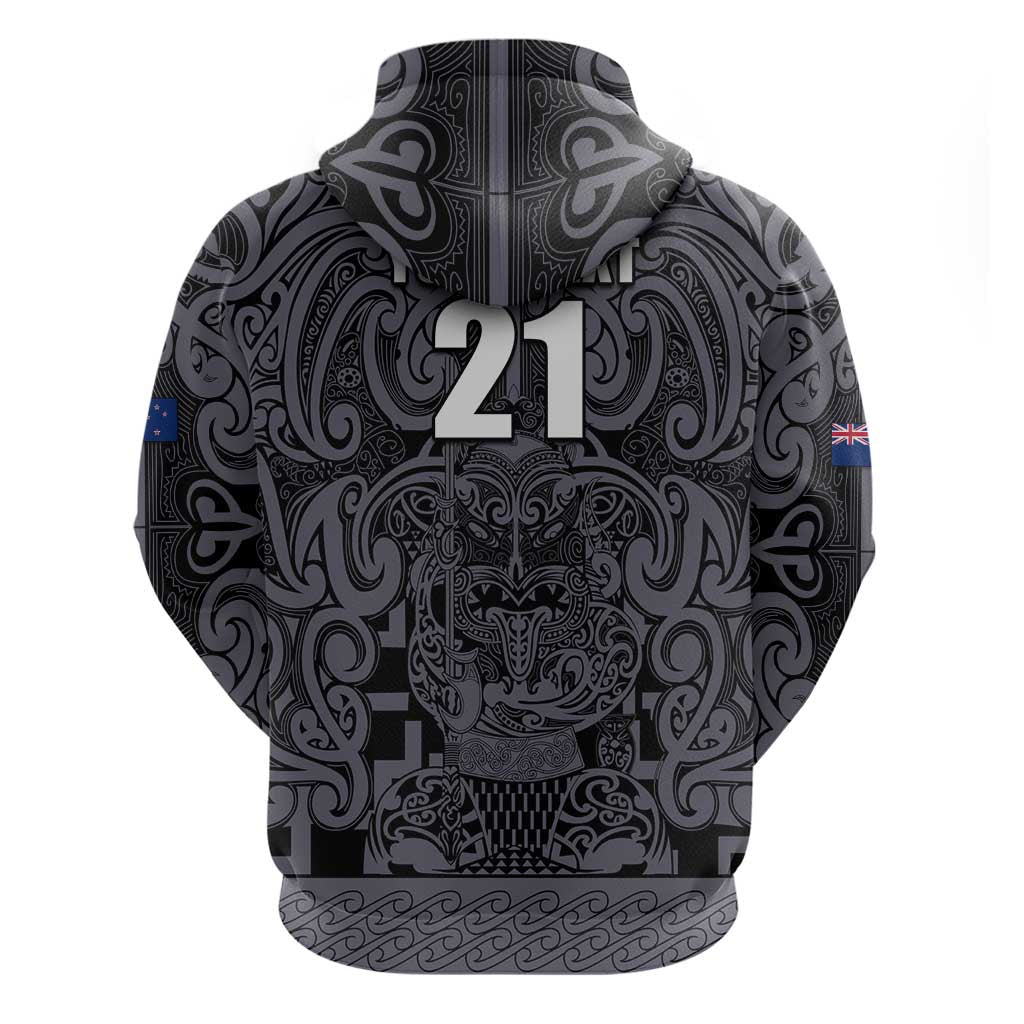 Custom New Zealand Taiaha Maori Zip Hoodie Minimalist Silver Fern All Black - Aussie Hoodie