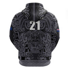 Custom New Zealand Taiaha Maori Zip Hoodie Minimalist Silver Fern All Black - Aussie Hoodie