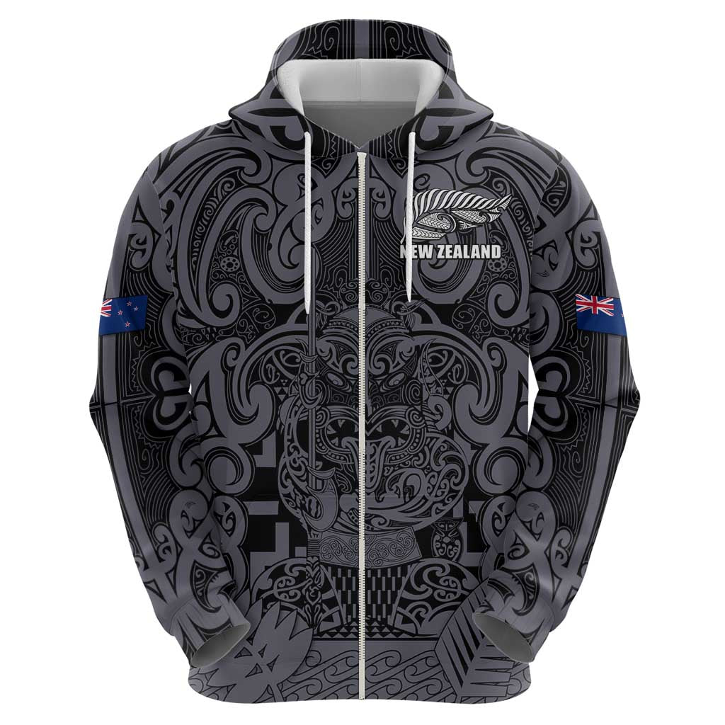 Custom New Zealand Taiaha Maori Zip Hoodie Minimalist Silver Fern All Black - Aussie Hoodie