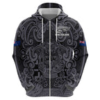 Custom New Zealand Taiaha Maori Zip Hoodie Minimalist Silver Fern All Black - Aussie Hoodie