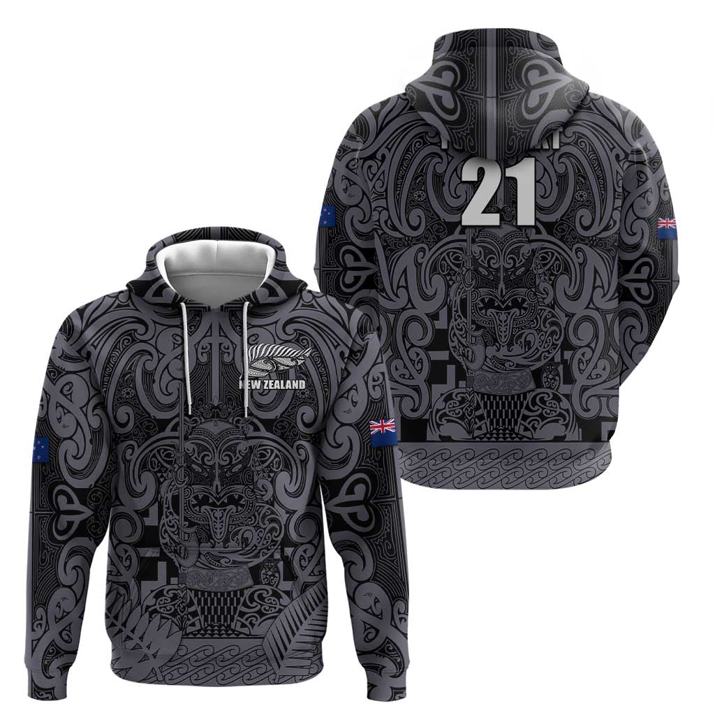 Custom New Zealand Taiaha Maori Zip Hoodie Minimalist Silver Fern All Black - Aussie Hoodie