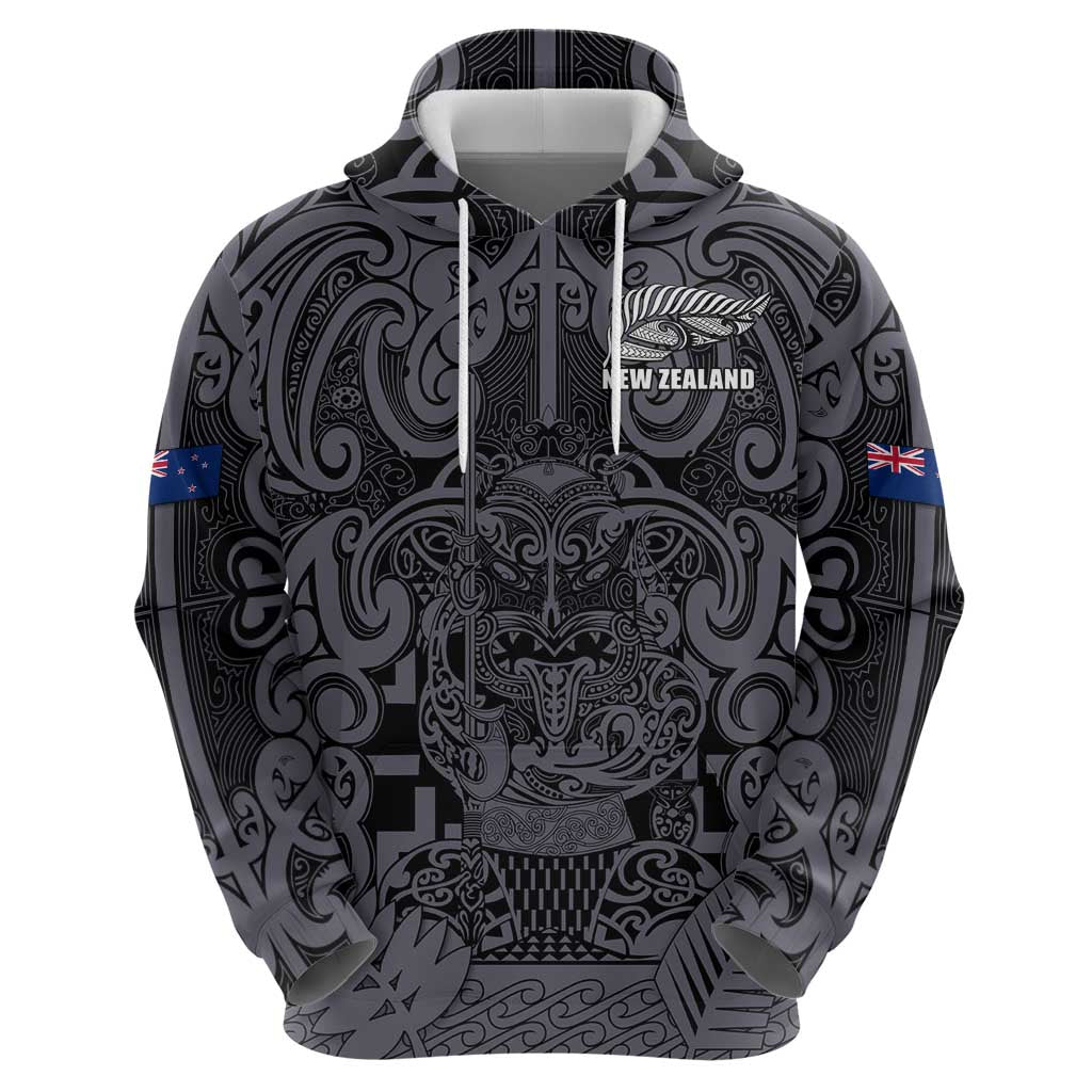 Custom New Zealand Taiaha Maori Zip Hoodie Minimalist Silver Fern All Black - Aussie Hoodie