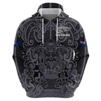 Custom New Zealand Taiaha Maori Zip Hoodie Minimalist Silver Fern All Black - Aussie Hoodie