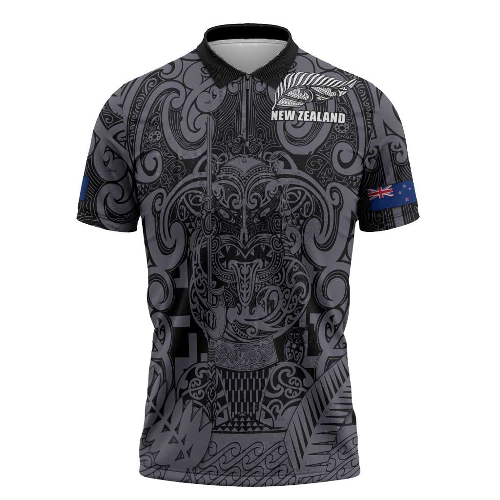 Custom New Zealand Taiaha Maori Zipper Polo Shirt Minimalist Silver Fern All Black - Aussie Hoodie