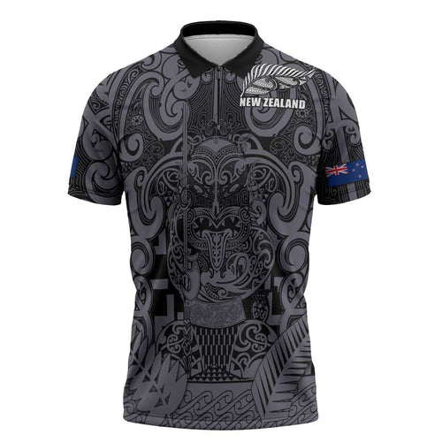 Custom New Zealand Taiaha Maori Zipper Polo Shirt Minimalist Silver Fern All Black - Aussie Hoodie