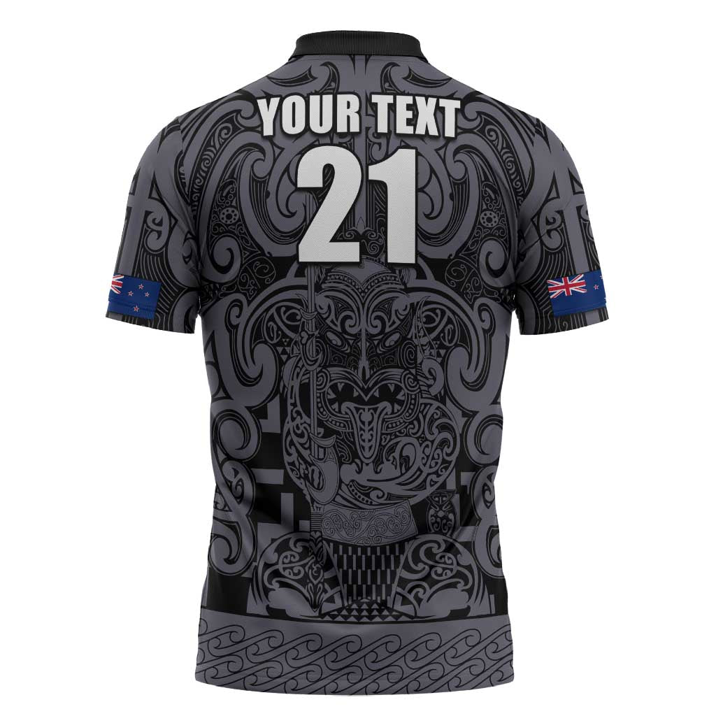 Custom New Zealand Taiaha Maori Zipper Polo Shirt Minimalist Silver Fern All Black - Aussie Hoodie
