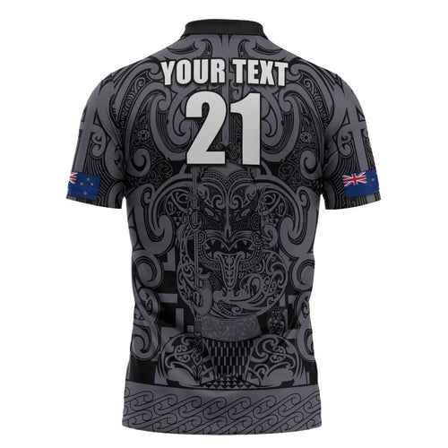 Custom New Zealand Taiaha Maori Zipper Polo Shirt Minimalist Silver Fern All Black - Aussie Hoodie