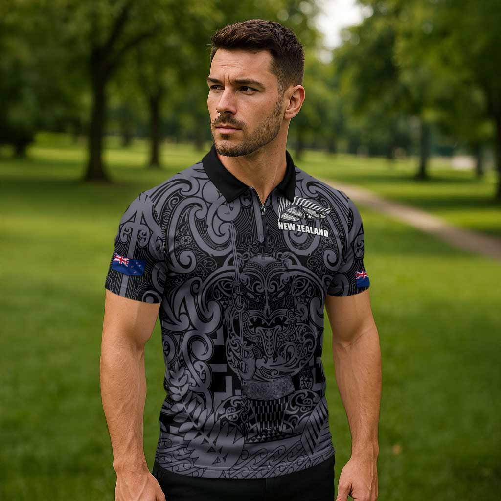 Custom New Zealand Taiaha Maori Zipper Polo Shirt Minimalist Silver Fern All Black - Aussie Hoodie