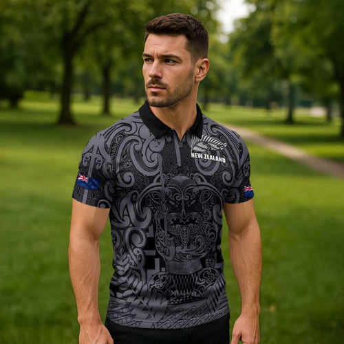 Custom New Zealand Taiaha Maori Zipper Polo Shirt Minimalist Silver Fern All Black - Aussie Hoodie