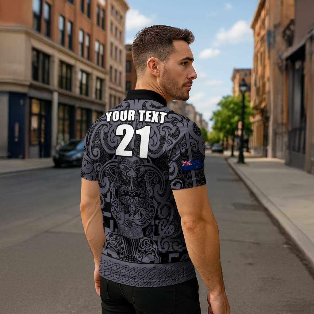 Custom New Zealand Taiaha Maori Zipper Polo Shirt Minimalist Silver Fern All Black - Aussie Hoodie
