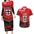 Custom St Kilda Saints Football Couples Matching Long Sleeve Bodycon Dress and Hawaiian Shirt ANZAC Lest We Forget