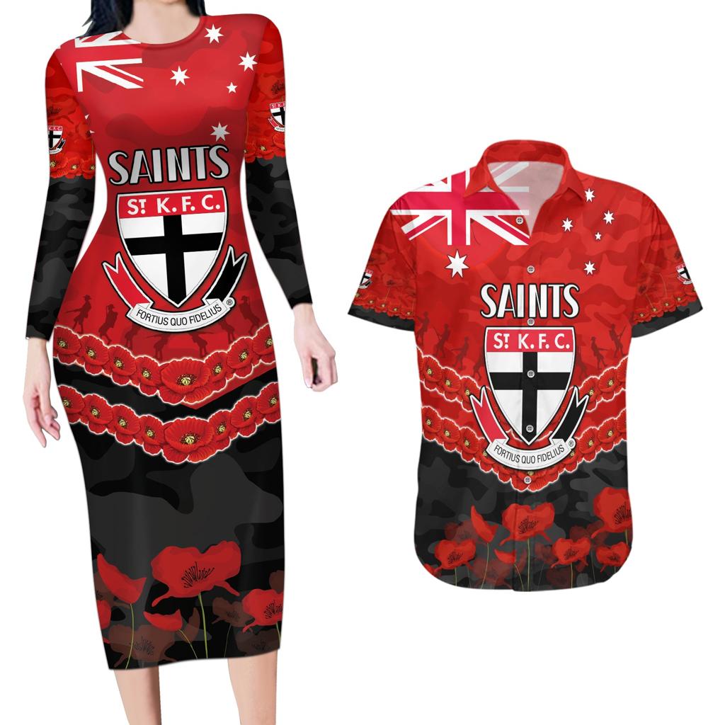 Custom St Kilda Saints Football Couples Matching Long Sleeve Bodycon Dress and Hawaiian Shirt ANZAC Lest We Forget