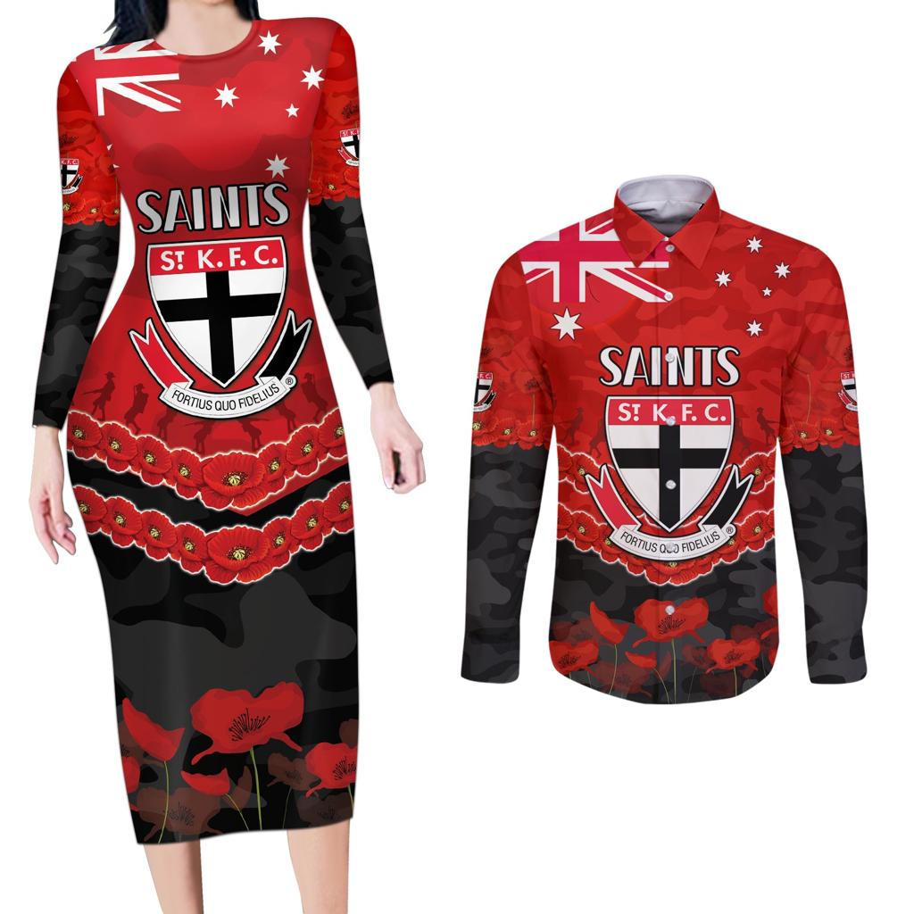 Custom St Kilda Saints Football Couples Matching Long Sleeve Bodycon Dress and Long Sleeve Button Shirt ANZAC Lest We Forget