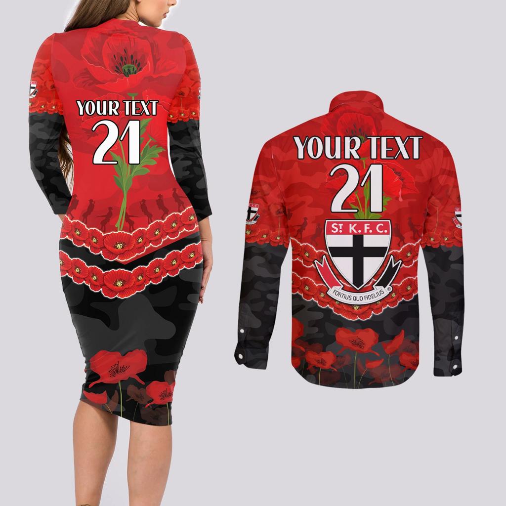 Custom St Kilda Saints Football Couples Matching Long Sleeve Bodycon Dress and Long Sleeve Button Shirt ANZAC Lest We Forget
