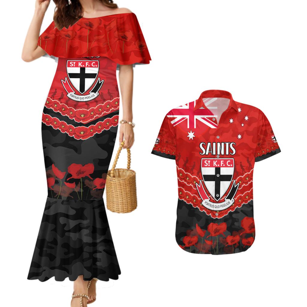 Custom St Kilda Saints Football Couples Matching Mermaid Dress and Hawaiian Shirt ANZAC Lest We Forget