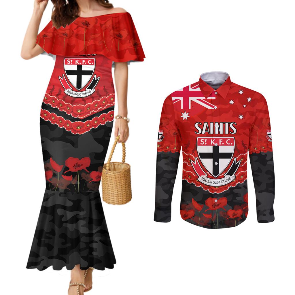 Custom St Kilda Saints Football Couples Matching Mermaid Dress and Long Sleeve Button Shirt ANZAC Lest We Forget