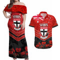 Custom St Kilda Saints Football Couples Matching Off Shoulder Maxi Dress and Hawaiian Shirt ANZAC Lest We Forget